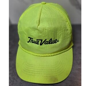 Vintage True Value Rope Hat Neon Yellow Nylon Snapback Cap Gold‎ Medal Mens